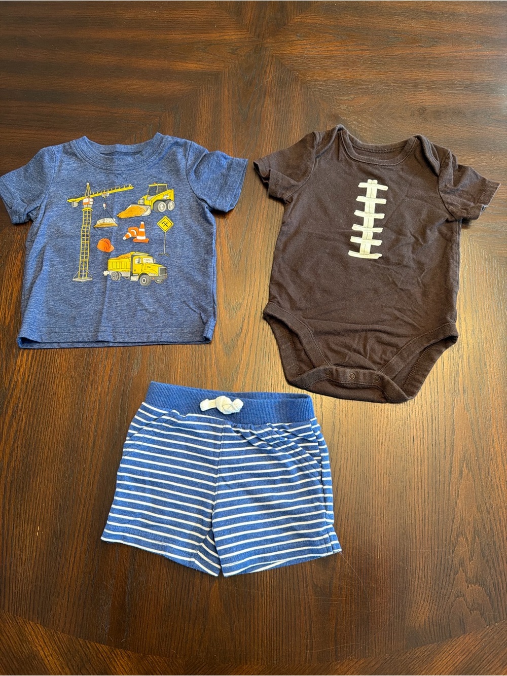Carter's Blue Striped Shorts and Construction Tee with Brown Football Onesie 6M